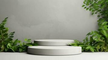 3d render of white podium for product display with green plant. photo