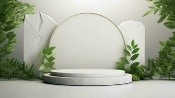 3d render of white marble podium with green leaves. Product display mockup. photo