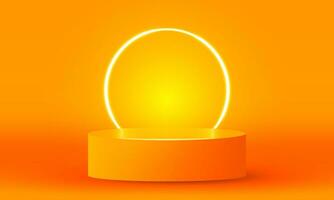 brillante estadio neón luces naranja resumen habitación con circulo brillante neón lámpara Encendiendo etapa para escaparate. vector diseño.