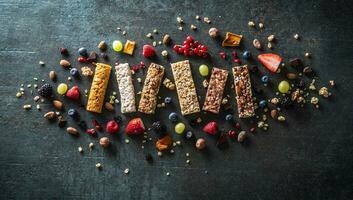 Top view on assortment of muessli fit bars surrounded by ingredients they are made of on metallic black background photo