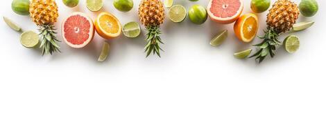 Assortment of tropical fruit and citruses on a white banner background photo