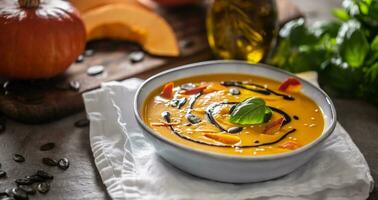 Homemade pumpkin soup in bowles with. Autumn hokkaido soup with balsamic vinegar photo