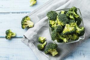 Fresh broccoli in bowl on kitchen table photo