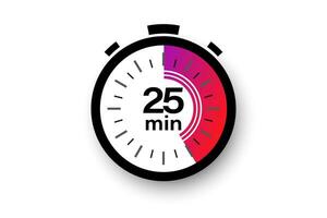 25 minutes timer. Stopwatch symbol in flat style. Editable isolated vector illustration.