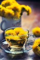 Cup of dandelion tea on rustic wooden table photo