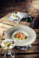 Marinated salmon with cream cucumber and dill. photo