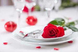 mesa ajuste para san valentin o Boda día con rojo rosas. romántico mesa ajuste para dos con rosas platos tazas y cuchillería foto