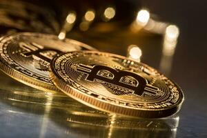 Bitcoin. Golden and silver bitcoins - virtual cryptocurrency photo