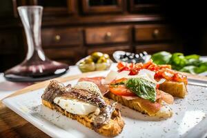 Tasty italian appetizer bruschettes with tomatoes anchovies prosciutto and mozarella photo