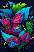 A detailed illustration of butterfly with dark gothic, leaf, and flower for a t-shirt design photo