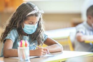 Cute little pupil girl with face mask back at school during COVID-19 quarantine photo