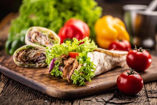 tortilla con carne y ensalada con más lleno tortillas y Tomates en el lado foto