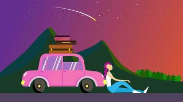 un niña descansando después un viaje, un rosado coche con equipaje, en contra el antecedentes de montañas y un caída de estrellas y puesta de sol en verano vector