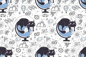 Seamless pattern in doodle style with funny cat for school subject geography. Background for educational stationery and textiles vector