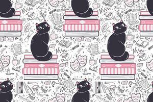 Seamless pattern in doodle style with funny cat for literature school subject. Background for educational stationery and textiles vector