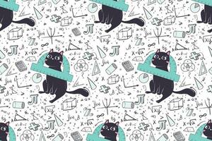 Seamless mathematical pattern in doodle style with funny cat. Background for educational stationery and textiles vector