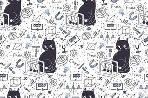 Seamless pattern in doodle style with funny cat for physics school subject. Background for educational stationery and textiles. vector