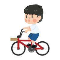 linda pequeño chico estudiante montando bicicleta vector