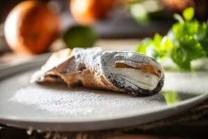 Sicilian Cannoli sweet dessert topped with sugar served on a plate photo