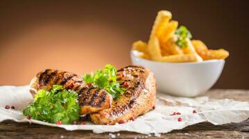 Grill chicken breast salt pepper parsley herbs and french potato fries photo