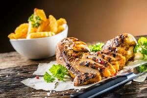 Grill chicken breast salt pepper parsley herbs and french potato fries photo