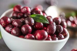 Fresh ripe cranberries in bowl on table close-up photo