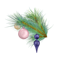 Pine branch with Christmas balls digital watercolor style illustration. Cedar, conifer decoration hand drawn. Element for Christmas design, card, 2023 new year design, holiday print. png