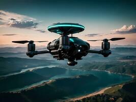 Black futuristic drone in the air, close up. photo