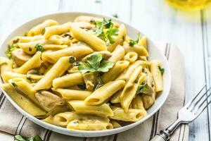 Pasta pene with chicken pieces mushrooms parmesan cheese sauce and herb decoration. Pene con pollo - Italian or medierranean cuisine photo