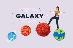 Planets, stars, asteroids, and comets in outer space. Galaxy concept. Colored flat vector illustration isolated.