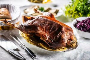 Roast goose with side dishes, red cabbage, roast, strudel, potato dumplings, pickles and bread photo