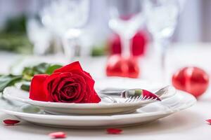 mesa ajuste para san valentin o Boda día con rojo rosas. romántico mesa ajuste para dos con rosas platos tazas y cuchillería foto