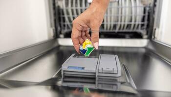 Blue, yellow and green dishwashing tablet put into the appliance by a female hand photo