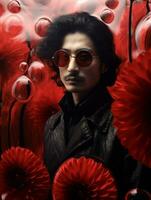 Men face portrait sunglasses flowers photo