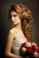 Woman red long hair care glamour model fashion rose portrait beauty young flowers photo