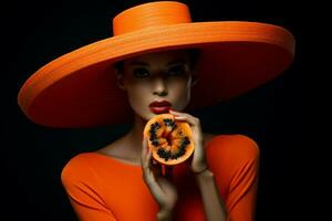 mujer Moda elegante afro concepto sombrero negro naranja papaya belleza de moda bonito retrato foto