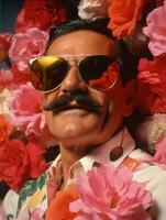 antiguo uno Gafas de sol sombrero moderno Clásico excéntrico persona retro hombres flores cara retrato concepto Rosa foto