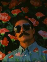 Gafas de sol retro retrato antiguo máscara expresión Rosa flores moderno hombres excéntrico cara foto