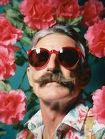 Old eccentric lifestyle portrait face guy rose modern flowers men retro blue art sunglasses photo