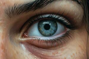 macro woman eye eyeball face female look human eyebrow vision closeup. Generative AI. photo