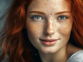 white woman skin closeup young face beauty freckles pensive model portrait. Generative AI. photo