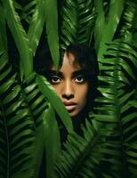 Tropical woman face portrait jungle hair beauty female tan model skin body green person photo