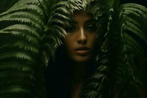Woman beauty look tropical skin jungle portrait palm tan hair model face green vacation photo