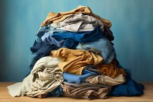 Dirty blue fabric laundry pile clean jeans textile retail different cloth stack shop background photo