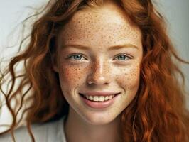 closeup woman model freckles portrait face beauty white female skin young. Generative AI. photo