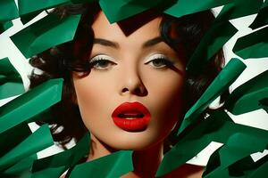 Woman red green beauty look concept face color lips paper one fashion photo