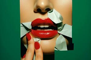 rojo mujer verde labios cara belleza concepto papel color Moda modelo foto