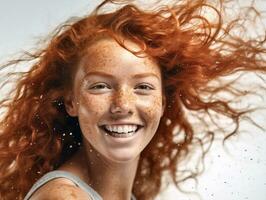 woman closeup beauty cosmetics portrait white freckles face young skin model. Generative AI. photo