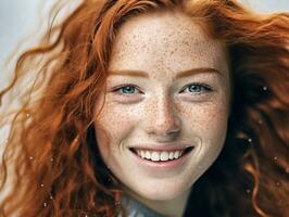 white woman freckles skin model closeup studio portrait young face beauty. Generative AI. photo
