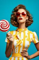 Woman lollipop candy valentine face food colorful sweet holiday beauty fashion photo